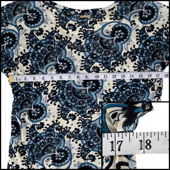 Michael Michael Kors Paisley Cap Sleeve Scoop Neck Top Sz Small Blue White Cream - Picture 10 of 11